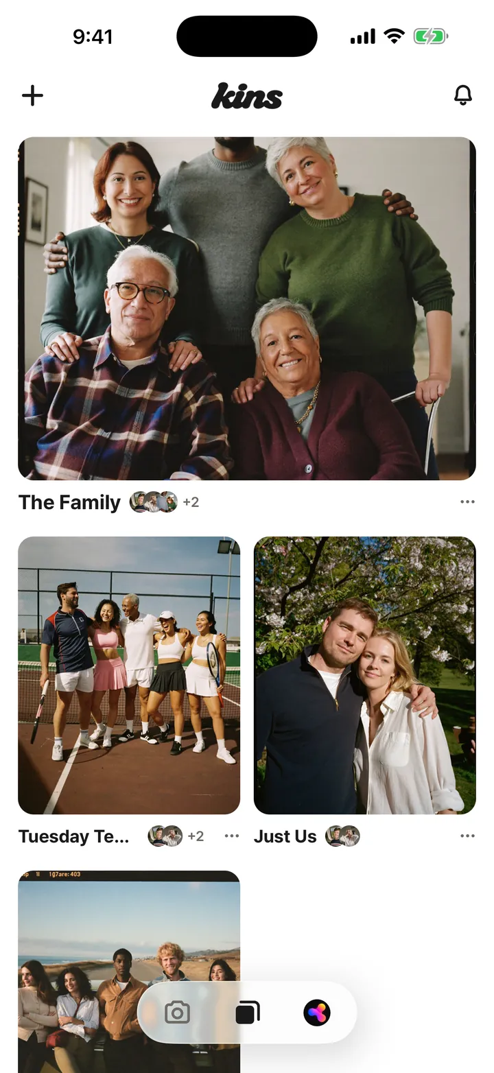 Your albums on the Kins home screen. Pin up to 3 to keep them at the top.