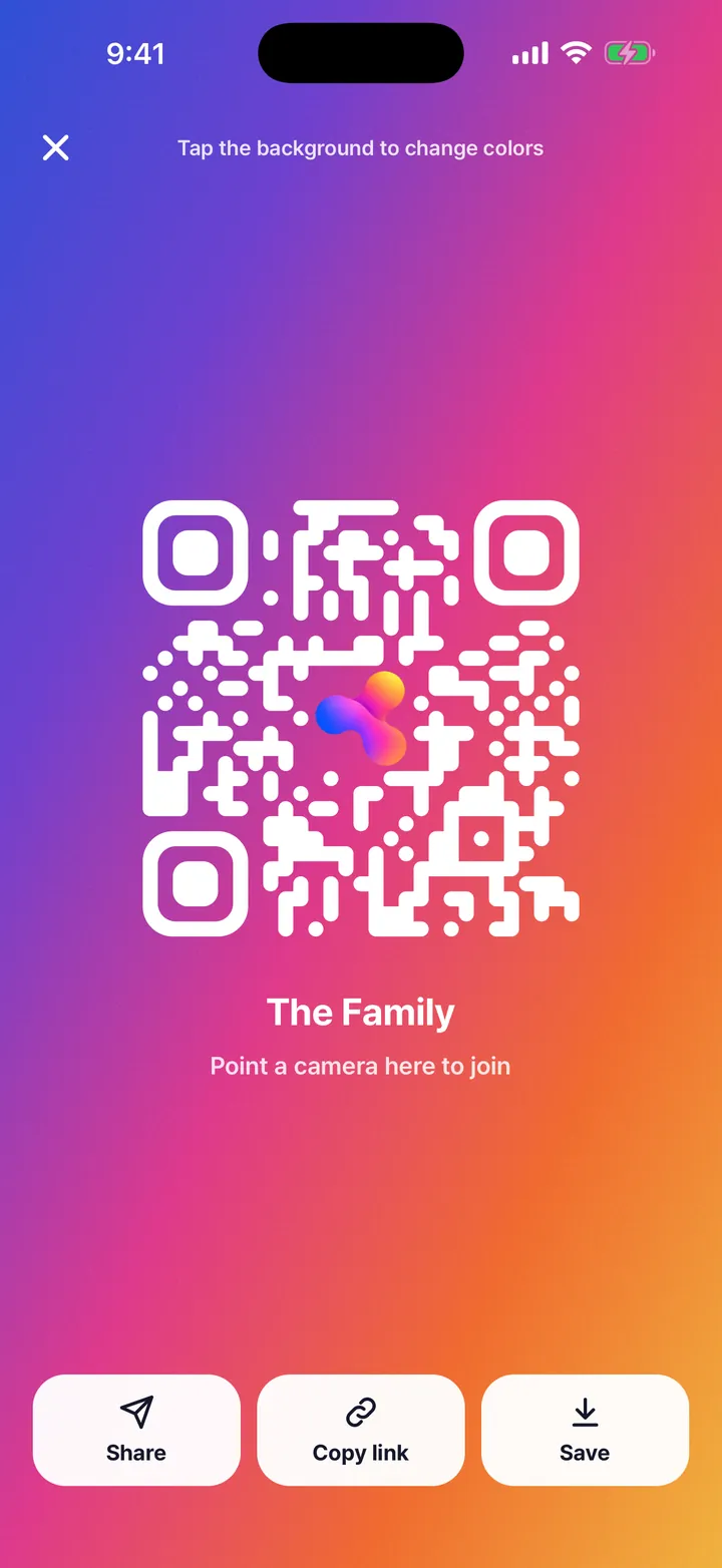 The invite QR. The same screen has Share, Copy link and Save.