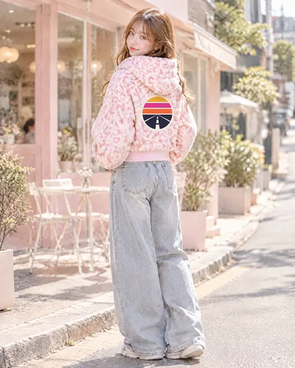 Hypewayフラッフィージップパーカー — ピンクレオパード